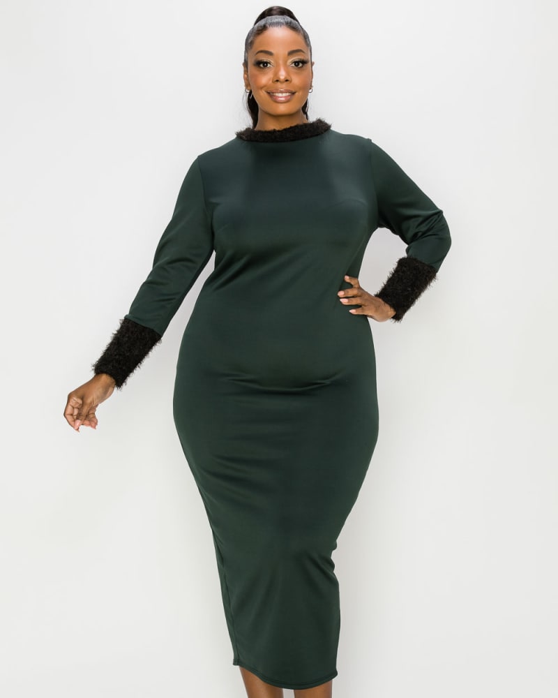 Front of a model wearing a size 2X Kaia Feather Dress in Green/Black by L I V D. | dia_product_style_image_id:240673